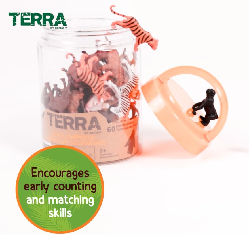 Terra by Battat Wild Animal Figurines Tube, 60 Mini Safari Figures, Animals | 60 realistic mini wild animal figures in a portable tube for pretend play, crafts, dioramas, sensory bins, Animals, 3+ Years
