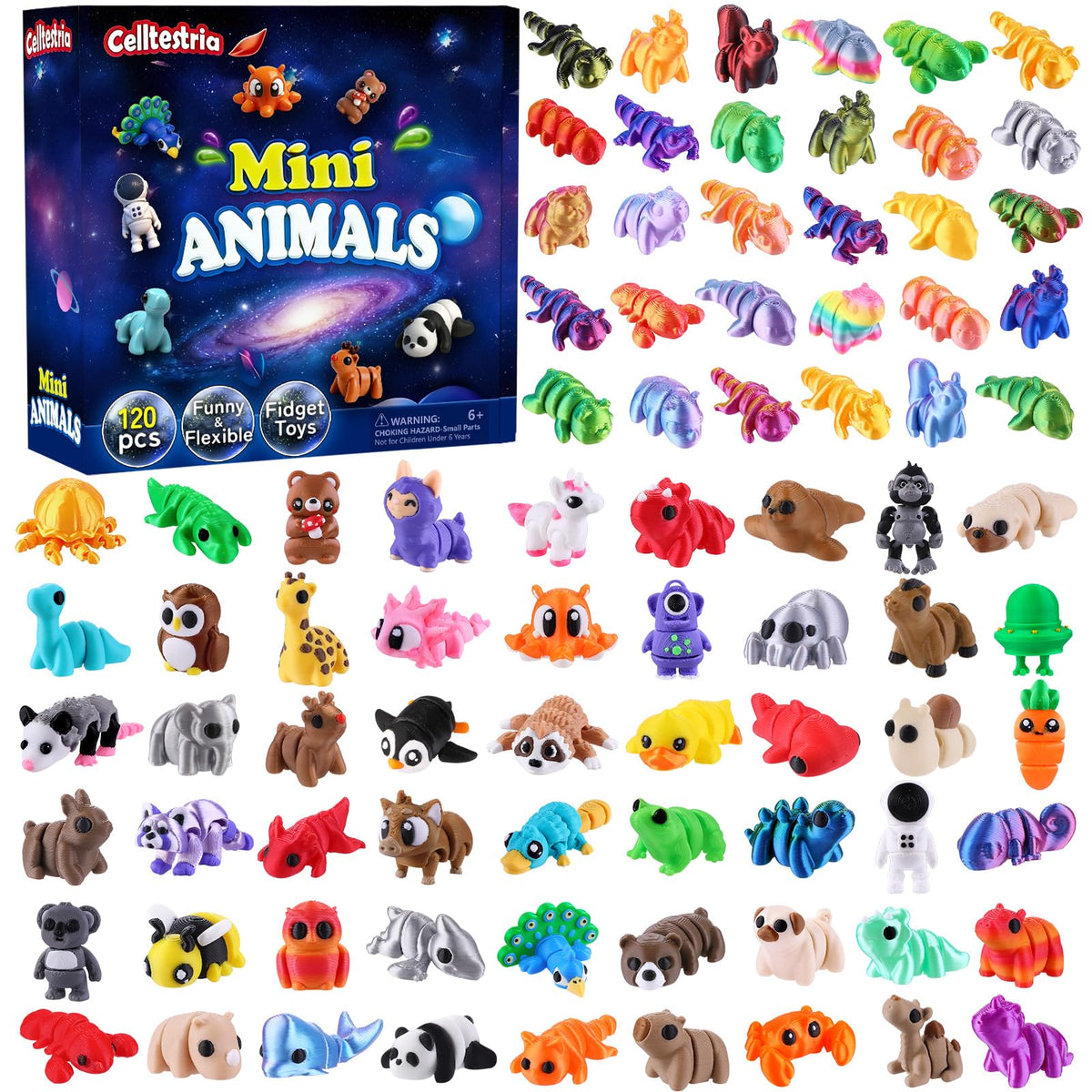 Celltestria 120Pcs 3D Printed Animals Figurines Articulated Fidget Toys | Mini 3D Printed Figurines for Goodie Bags Classroom Prize Rewards Party Favors Gifts Exchange