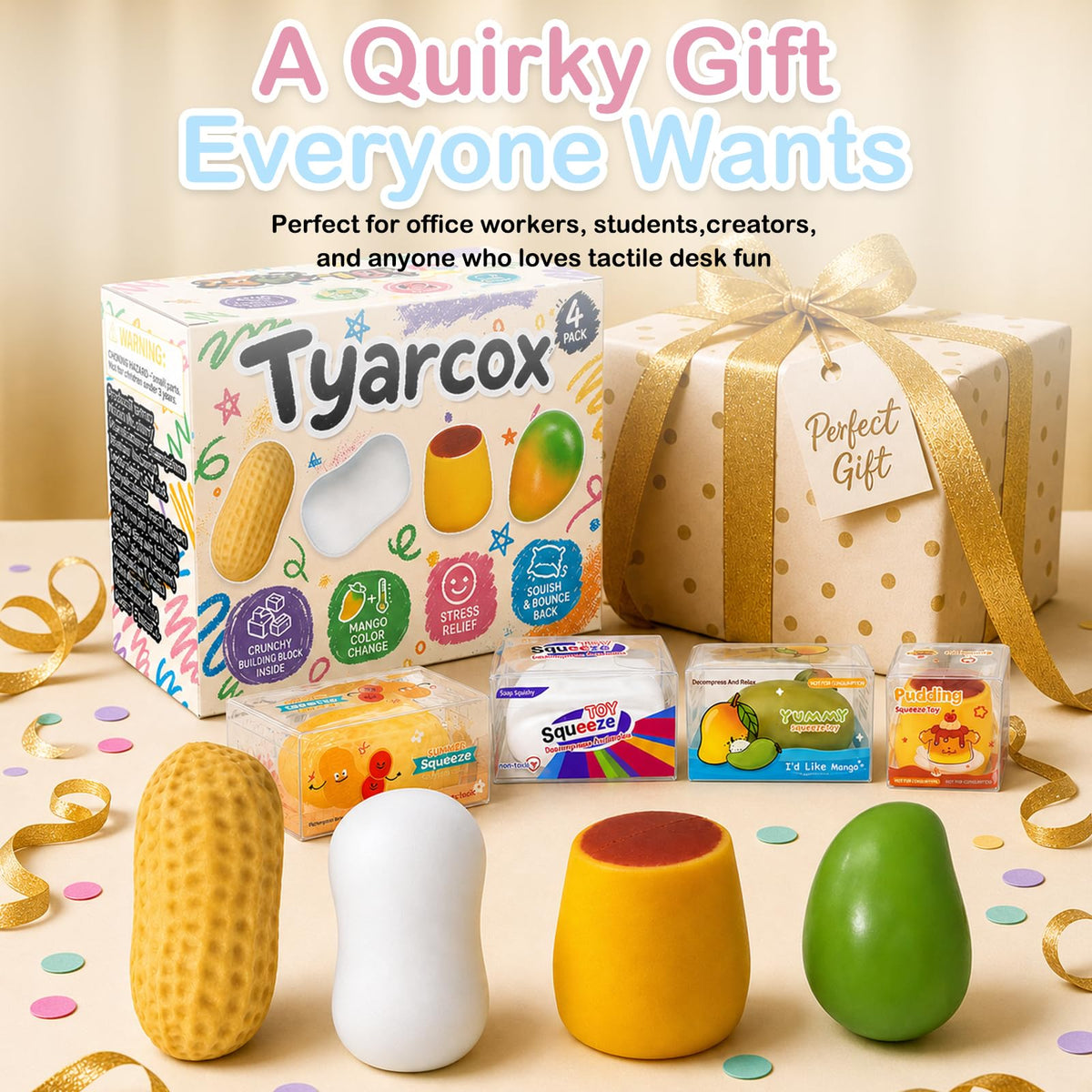 Tyarcox 4 Pack Crunchy Squishy Stress Ball, Mango Pudding Peanut & Soap Block Flake Filled ASMR Fidget, Moldable Sensory Squeeze Gift with Premium Box, Party Favors & Gifts