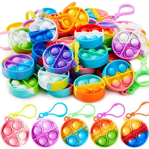 JOYIN Round Pop Fidget Keychain 30 Pack Pop Fidget Toys Bulk Party Favors for Kids 4-8,8-12 Years, Halloween Birthday Goodie Bags Stuffers Back to School Gifts Classroom Prizes Sensory Toys
