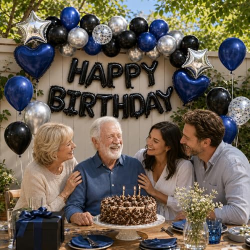 Navy Blue and Black Birthday Decorations for Men Happy Birthday Banner | Blue Black and Silver Confetti Balloons Happy Birthday Decorations for Men Boys Party Decor