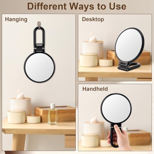 10X Magnifying Mirror, Double Side Handheld Mirror, Travel Makeup Mirror | 1X/10X Magnification, Adjustable Rotation Handle/Stand, Portable Foldable Hand Mirror, Travel Essential, Black