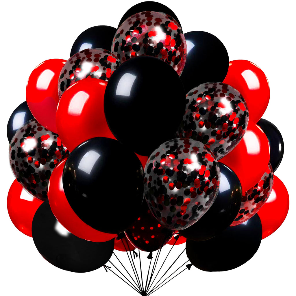 Firomi Red and Black Latex Balloons 12 Inch 70 pack Set (with 2 Ribbons) | Black and Red Confetti Balloons for Birthday Wedding Party