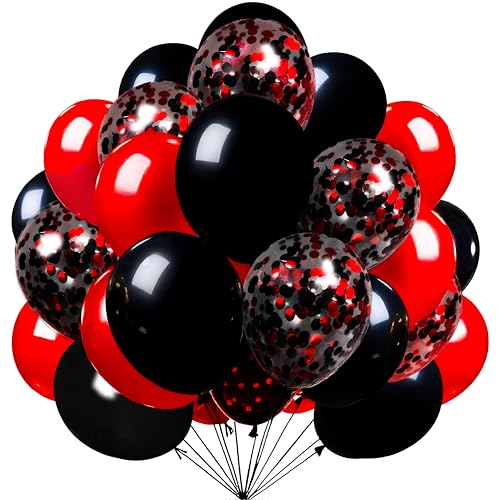 Firomi Red and Black Latex Balloons 12 Inch 70 pack Set (with 2 Ribbons) | Black and Red Confetti Balloons for Birthday Wedding Party