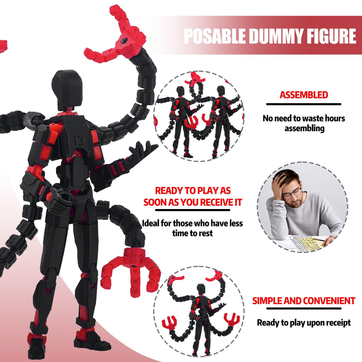PkghoKids Assembly Completed T 3D Printed Dummy Robot 13 Action Figure Lucky Multi-Articular,Upgraded Tight Joints,Collectors Desktop Ornament Dynamic Modeling (Black Red, 5.5 Inch)