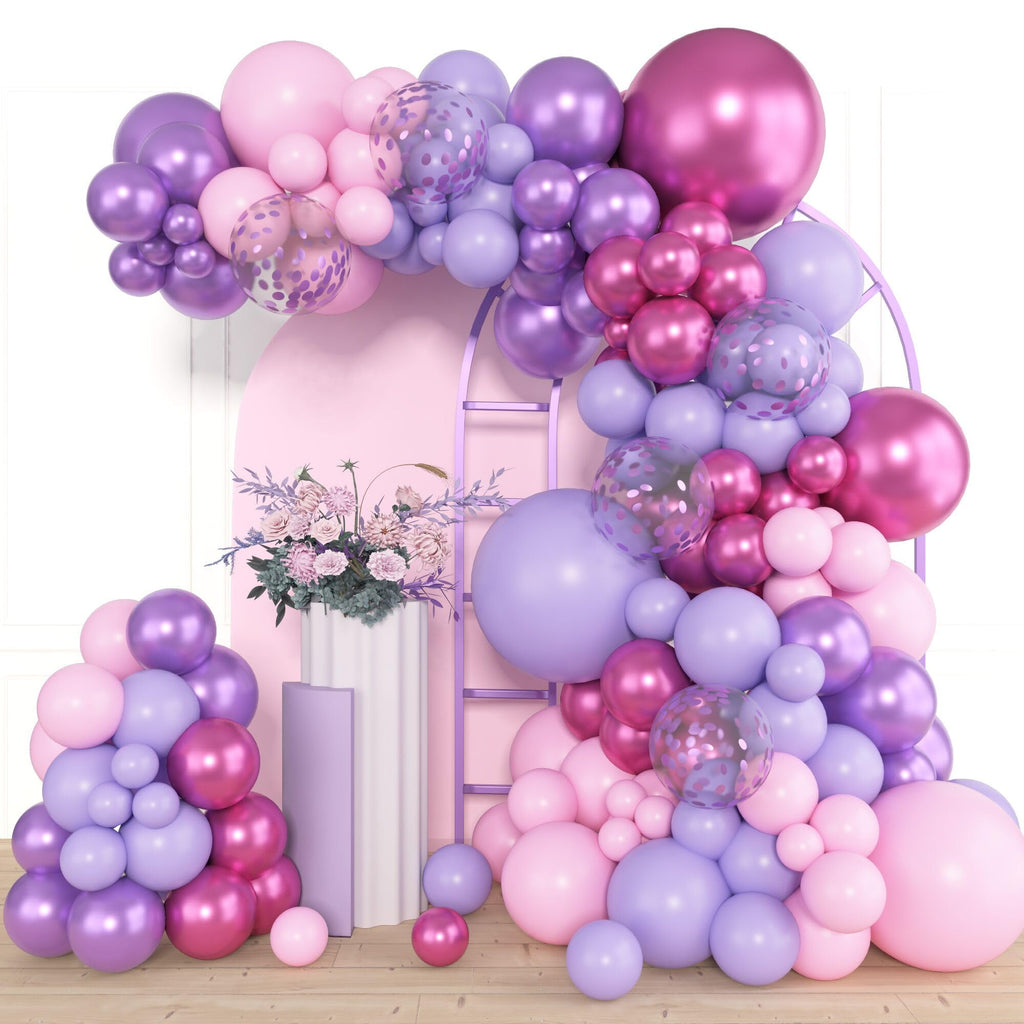 Amandir 153pcs Pink Purple Balloon Garland Arch Kit Different Sizes | 18 12 10 5 inch Pink Purple Red Latex Metallic Confetti Balloons for K pop Music Birthday Bridal Baby Shower Party Decoration