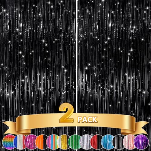 GCB 2Pack Black Metallic Tinsel Foil Fringe Curtain, Black Curtain Backdrop | Photo Booth Props for Birthday, Wedding, Graduation, Baby Shower Bachelorette Xmas Celebration Party Decors Door Streamers