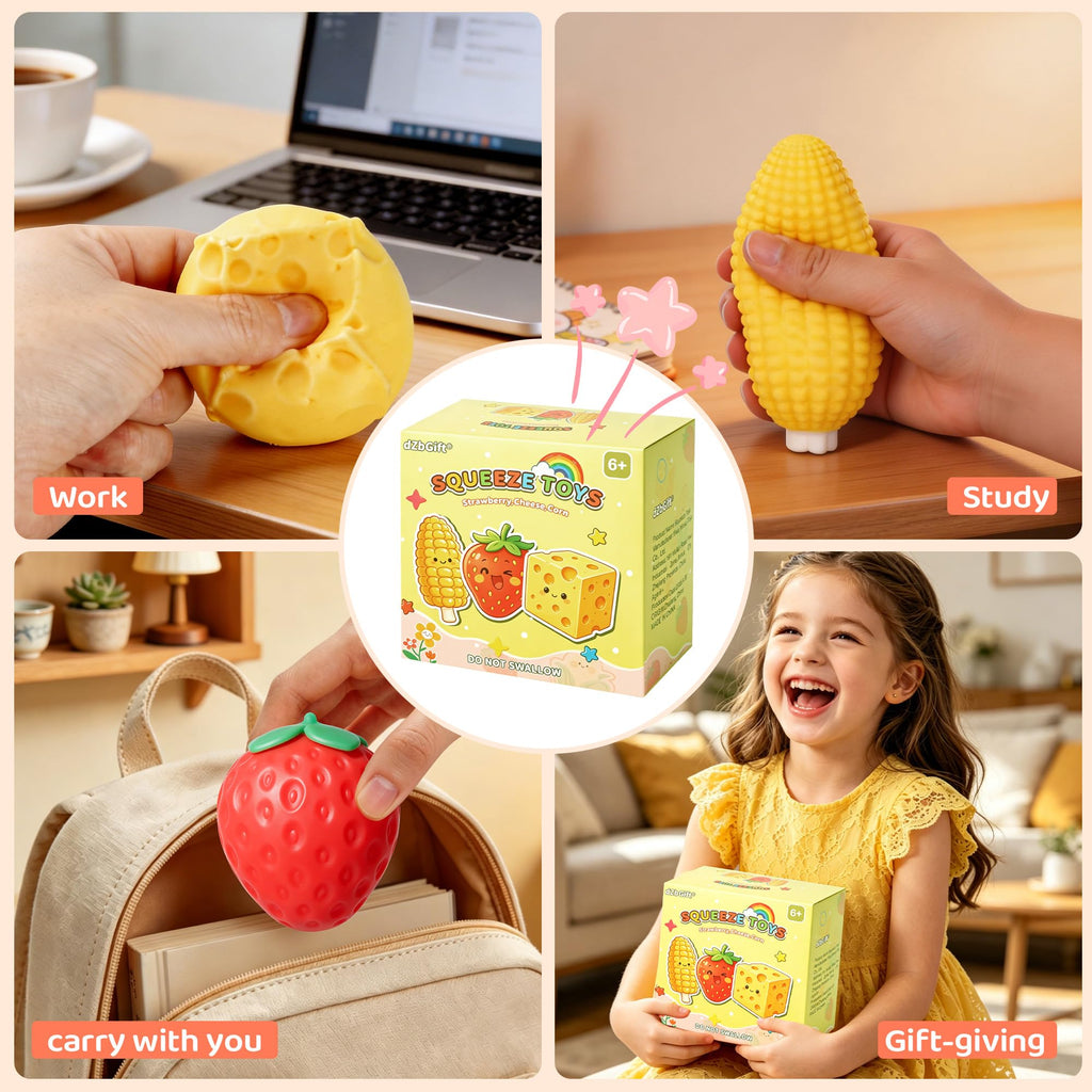 dZbGift 3pcs Fruit Squishy- Cheese Squishy,Strawberry Corn Squishy,Squeeze Toys,Fruit squishies for Stress Relief,Gift for Boys Girls Adults