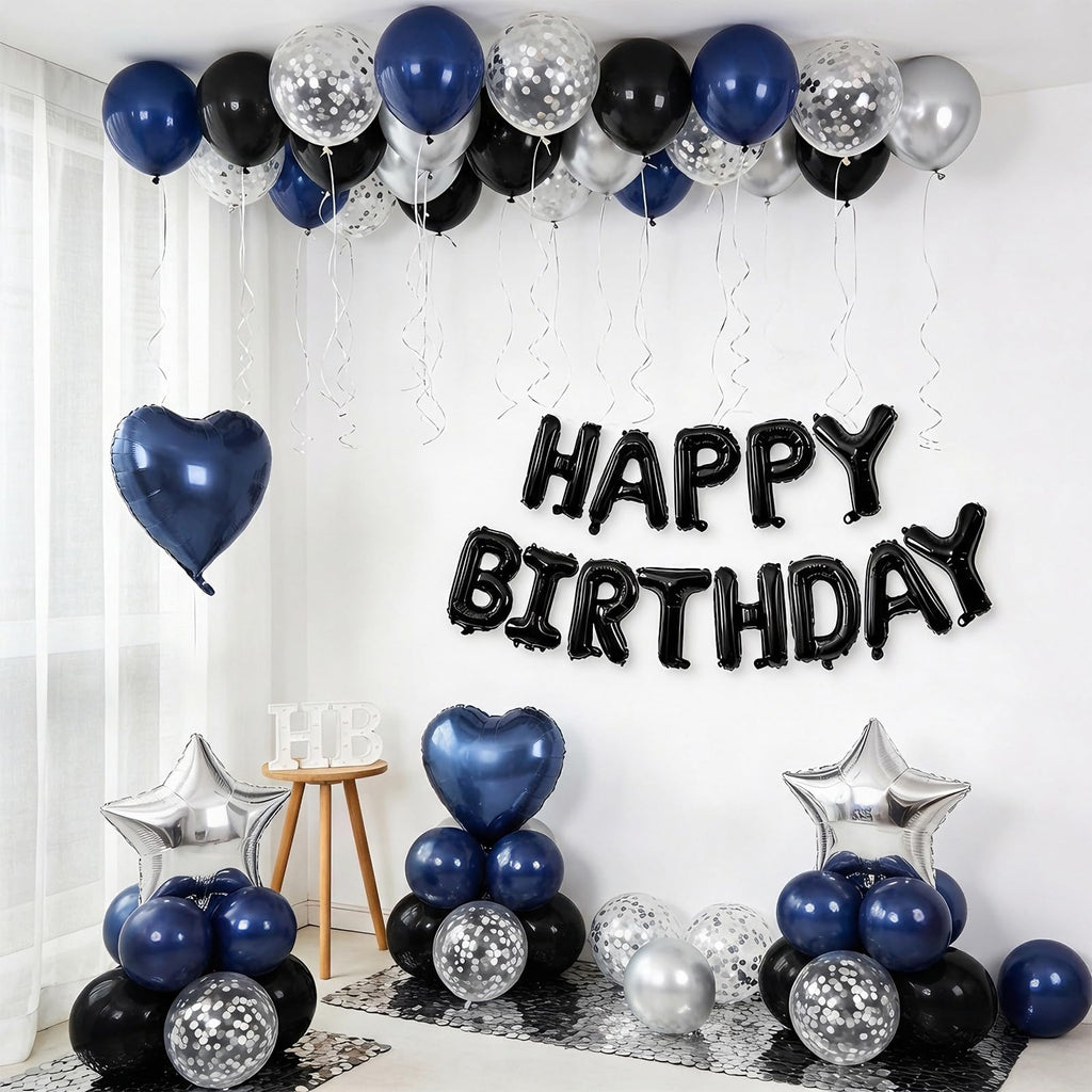 Navy Blue and Black Birthday Decorations for Men Happy Birthday Banner | Blue Black and Silver Confetti Balloons Happy Birthday Decorations for Men Boys Party Decor