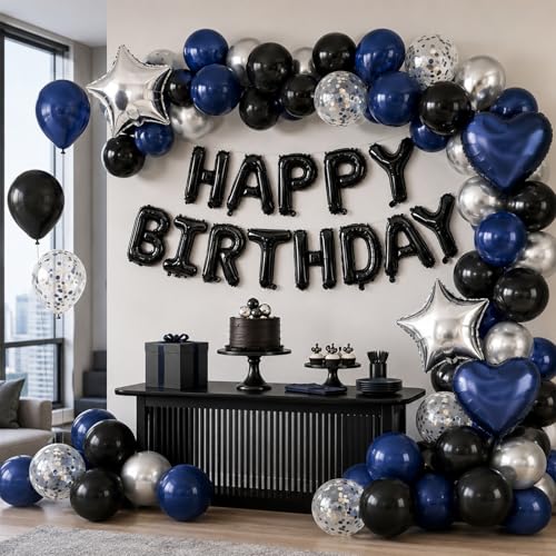 Navy Blue and Black Birthday Decorations for Men Happy Birthday Banner | Blue Black and Silver Confetti Balloons Happy Birthday Decorations for Men Boys Party Decor