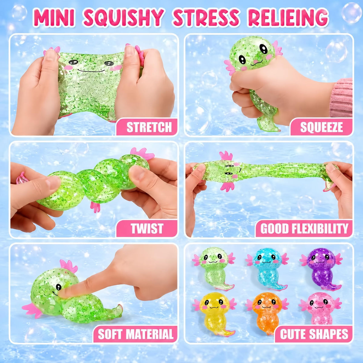 2PCS Axolotl Squishy Stress Relief Toy,Glitter Fidget Squishy Toys,Cute Axolotls Squeeze Toys, Fidget Toys for Adults,Party Favors (Blue+Pink Axolotl)