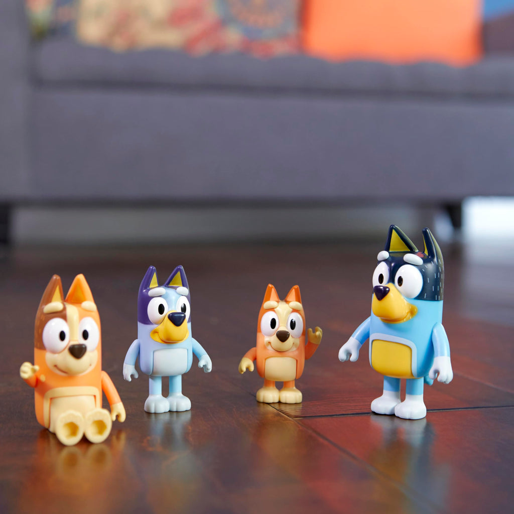 Bluey Family Figure 4-Pack, Poseable Toys with Bingo & Bandit | Movable arms & legs, portable size for on-the-go play; toddler figurine toys for kids ages 3+, thoughtful gift