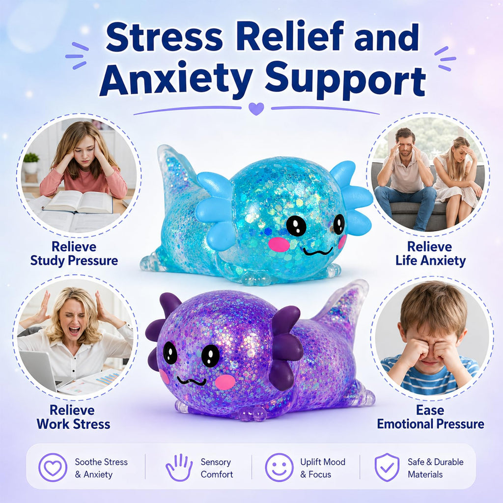 2 Packs Axolotl Squishy Toy, Glitter Fidget Toys Cute Axolotl Stress Relief Squeeze Toy Gifts for Kids Adult, Squishies Toys (pabluepurple)