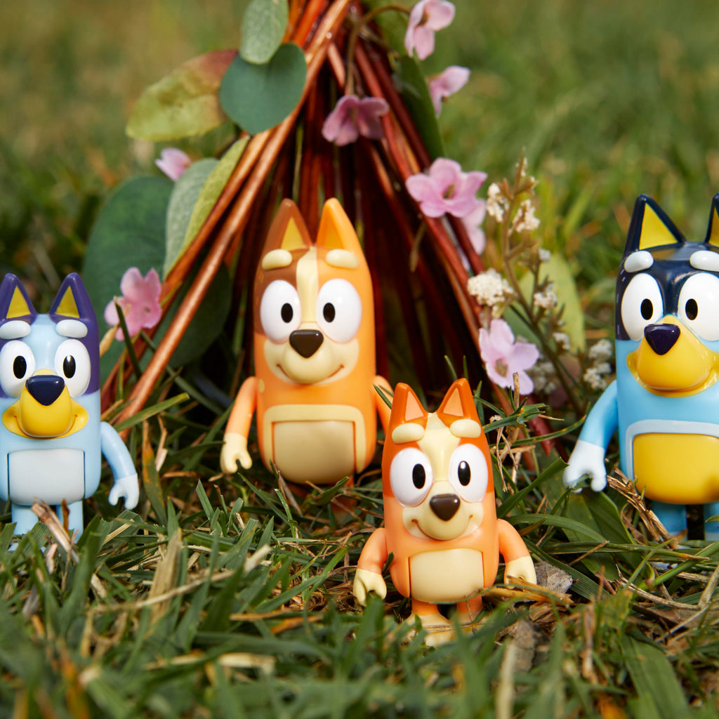 Bluey Family Figure 4-Pack, Poseable Toys with Bingo & Bandit | Movable arms & legs, portable size for on-the-go play; toddler figurine toys for kids ages 3+, thoughtful gift