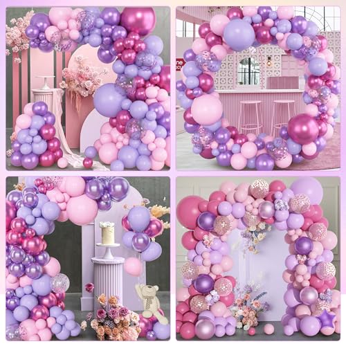 Amandir 153pcs Pink Purple Balloon Garland Arch Kit Different Sizes | 18 12 10 5 inch Pink Purple Red Latex Metallic Confetti Balloons for K pop Music Birthday Bridal Baby Shower Party Decoration