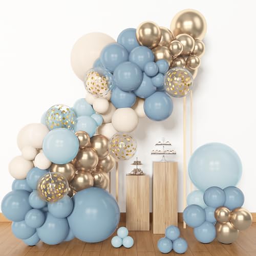 Amandir 153pcs Dusty Blue Balloon Garland Arch Kit Different Sizes | 18 12 10 5inch Blue White Sand Latex Metallic Confetti Gold Balloons Baptism Birthday Boho Shower Party Decoration Supplies