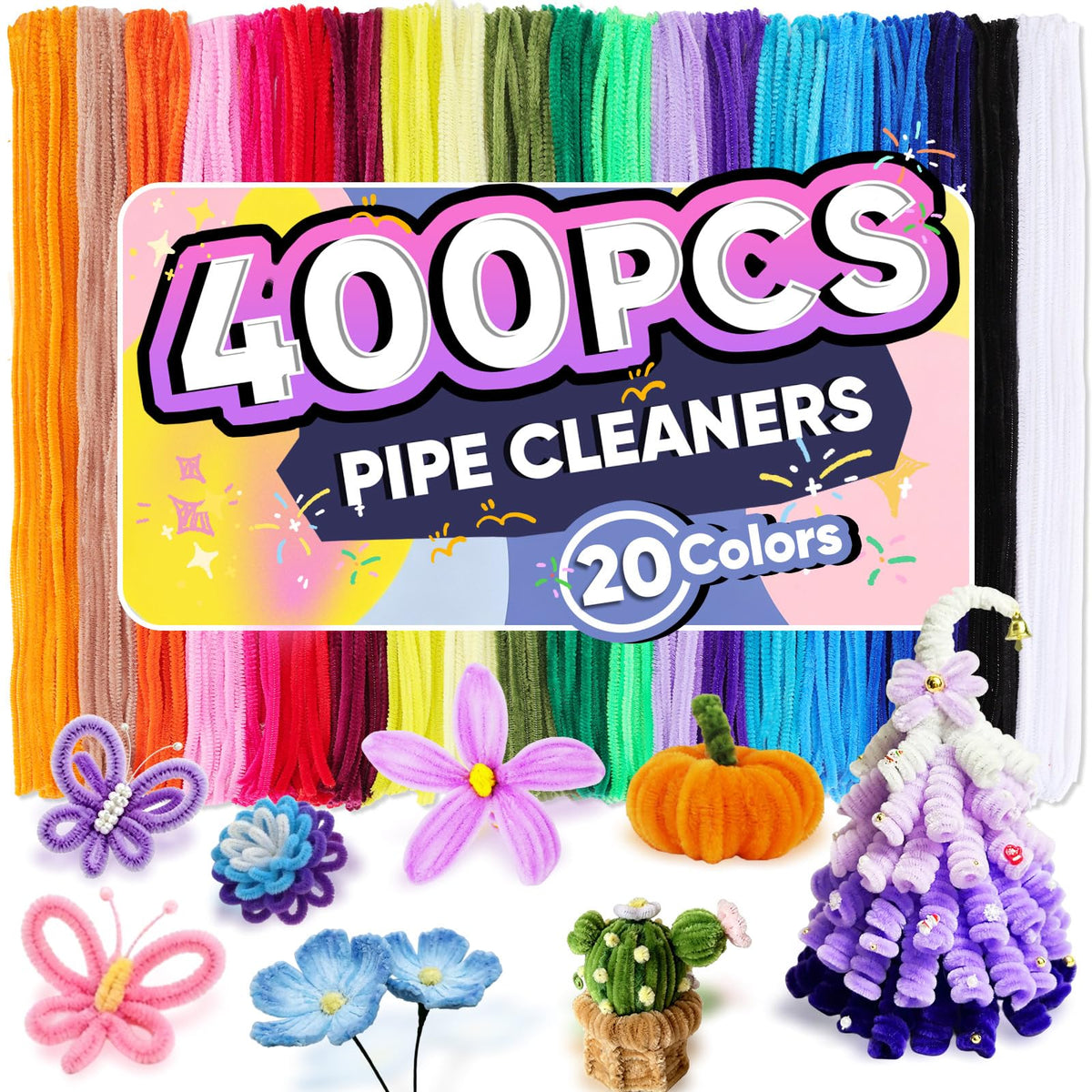 400 PCS Pipe Cleaners Bulk, 20 Colors Chenille Stems Pipe Cleaners Craft | Pipe Cleaners for Crafts, Flowers, Art Projects, DIY Room Decor, Christmas Decorations