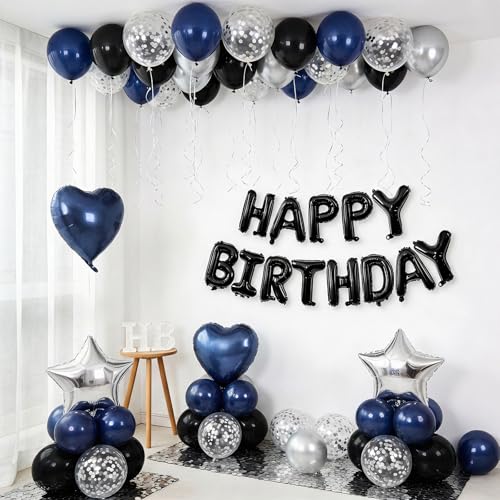 Navy Blue and Black Birthday Decorations for Men Happy Birthday Banner | Blue Black and Silver Confetti Balloons Happy Birthday Decorations for Men Boys Party Decor