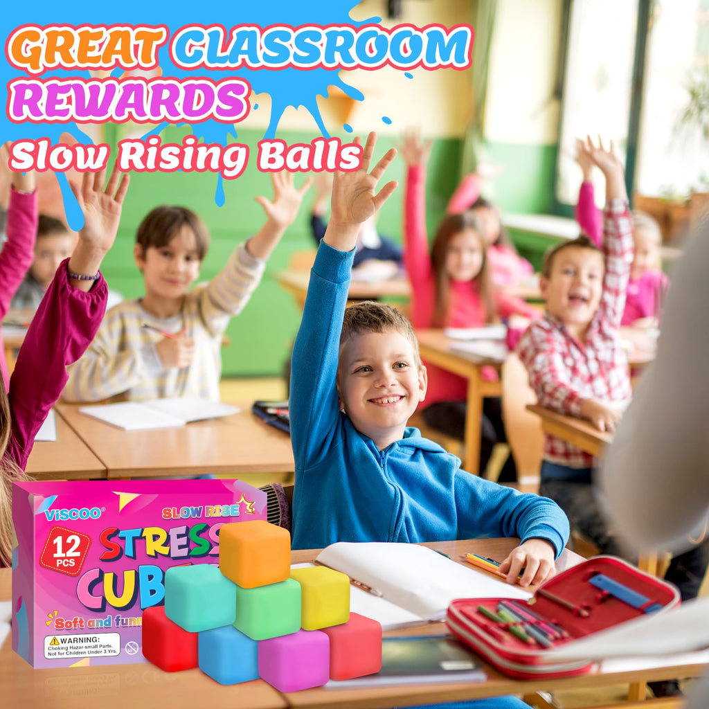 VISCOO 12 Pack Slow Rising Stress Cube, Stress Balls Fidget Squishy Toys | Squeeze Toy for Anxiety Relief, Pull Stretch Squishy Ball for Classroom Prize, Party Favors for Kids Adults