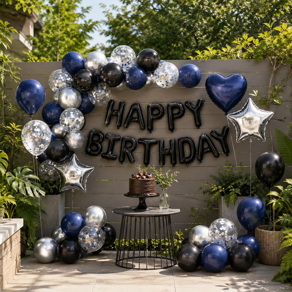 Navy Blue and Black Birthday Decorations for Men Happy Birthday Banner | Blue Black and Silver Confetti Balloons Happy Birthday Decorations for Men Boys Party Decor