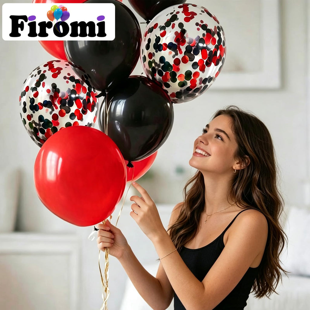 Firomi Red and Black Latex Balloons 12 Inch 70 pack Set (with 2 Ribbons) | Black and Red Confetti Balloons for Birthday Wedding Party