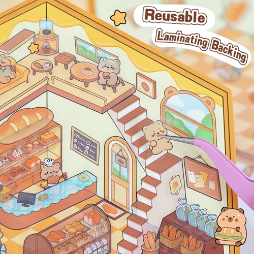 20 Sets DIY 3D Sticker Scene Book for Kids Adults Cozy Room Sticker Therapy | Cute Make Your Own Mini House Miniature Scene Stickers, Gifts for Adult Relief Stress Pass The Time, Hamburg Castle Library