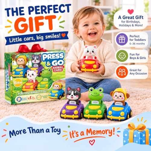 Press to Go Cars for Toddlers 1-3, 4-Pack Animal Toys for 1 Year Old Boy | 4-Pack Animal Cars, Push Go Baby Toys for 6-18 Months, Montessori Vehicle Set, First Birthday Gift for 1 Year Old Boy