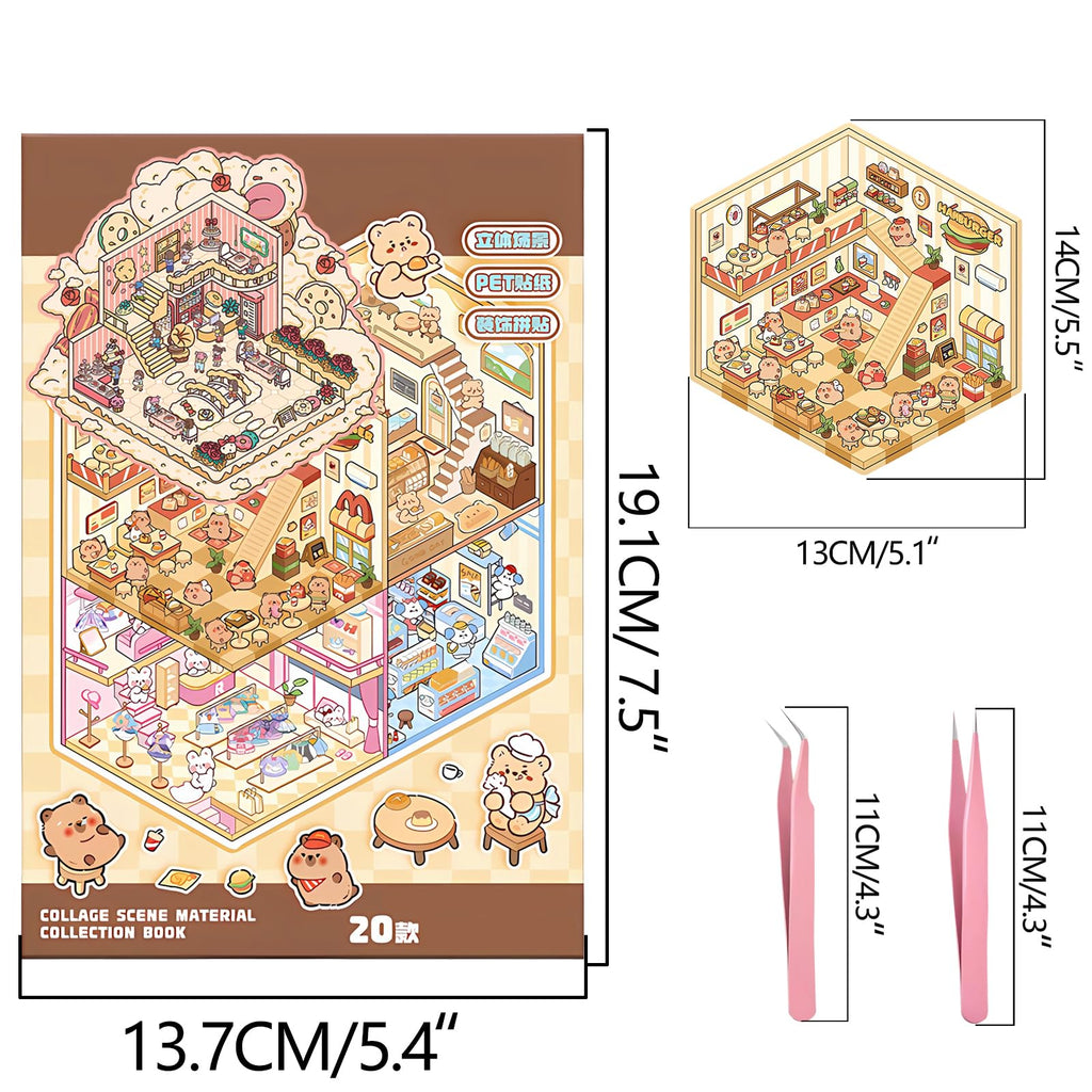 20 Sets DIY 3D Sticker Scene Book for Kids Adults Cozy Room Sticker Therapy | Cute Make Your Own Mini House Miniature Scene Stickers, Gifts for Adult Relief Stress Pass The Time, Hamburg Castle Library