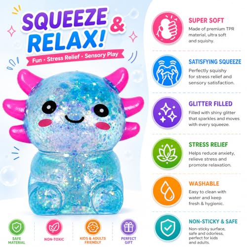 Tibberly Axolotl Squishy Stress Ball, Soft Slow Rising Sensory Toy | Cute soft axolotl squishy with a slow rising feel for squeezing, sensory play, relaxation, focus and everyday stress relief.