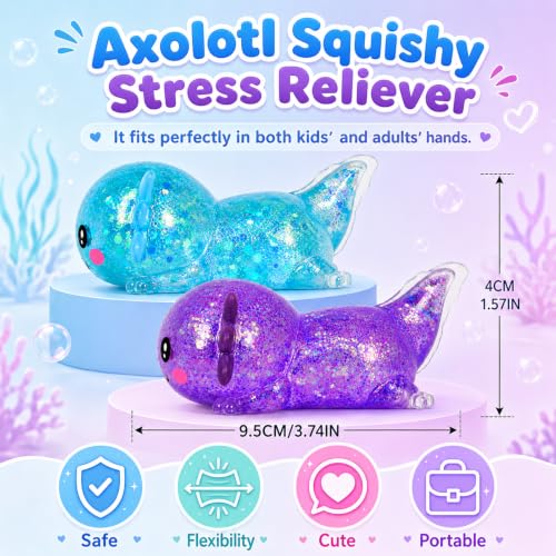 2 Packs Axolotl Squishy Toy, Glitter Fidget Toys Cute Axolotl Stress Relief Squeeze Toy Gifts for Kids Adult, Squishies Toys (pabluepurple)