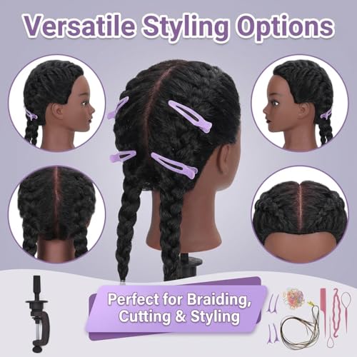 100% Real Hair Mannequin Head Training Head Manikin Cosmetology Doll Head for Hairdresser Practice Braiding Hair Styling with Clamp stand (16 -Inch)