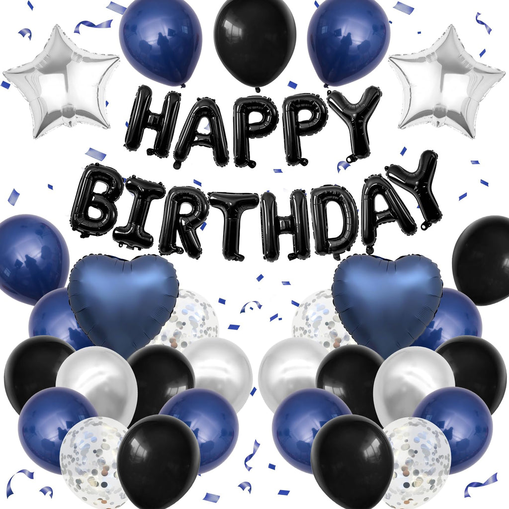 Navy Blue and Black Birthday Decorations for Men Happy Birthday Banner | Blue Black and Silver Confetti Balloons Happy Birthday Decorations for Men Boys Party Decor