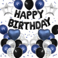 Navy Blue and Black Birthday Decorations for Men Happy Birthday Banner | Blue Black and Silver Confetti Balloons Happy Birthday Decorations for Men Boys Party Decor