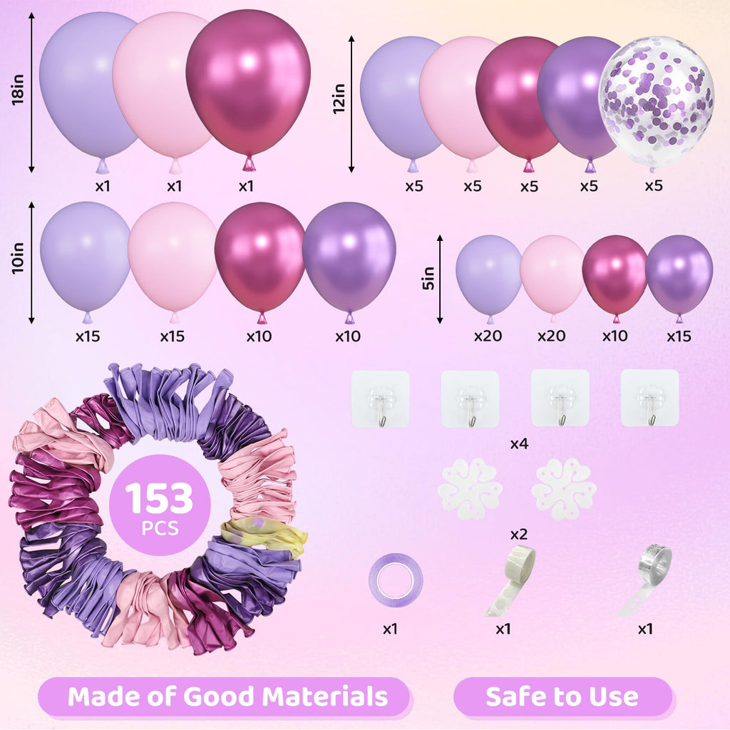 Amandir 153pcs Pink Purple Balloon Garland Arch Kit Different Sizes | 18 12 10 5 inch Pink Purple Red Latex Metallic Confetti Balloons for K pop Music Birthday Bridal Baby Shower Party Decoration