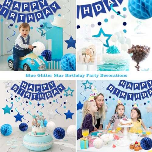 meowtastic Birthday Decorations Happy Birthday Banner with Honeycomb Balls | 16pcs Birthday Set: 1 Banner+6 Honeycomb Balls+8 Star Spirals+1 Circle Dots, Happy Birthday Decor - Blue