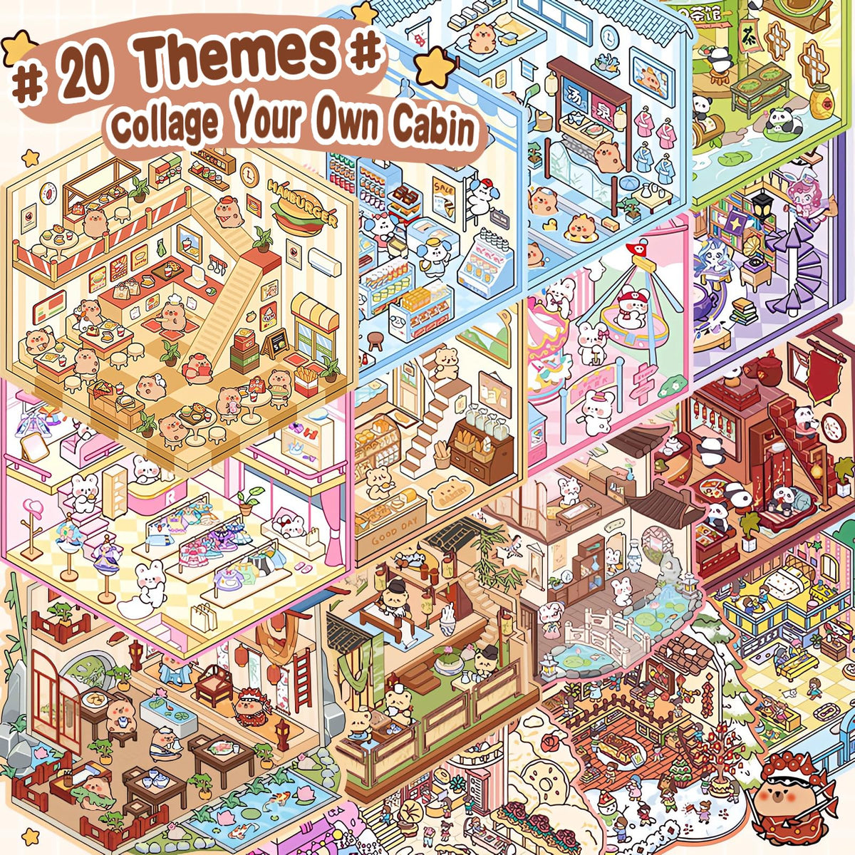 20 Sets DIY 3D Sticker Scene Book for Kids Adults Cozy Room Sticker Therapy | Cute Make Your Own Mini House Miniature Scene Stickers, Gifts for Adult Relief Stress Pass The Time, Hamburg Castle Library