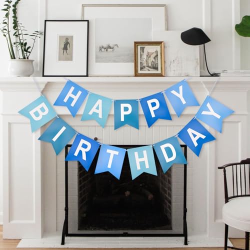 KINGLAKE GARDEN Happy Birthday Banner NO DIY Birthday Sign Blue | Pre-Strung Birthday Hanging Decoration for Women Men Girl Boy Party Supplies (Blue)
