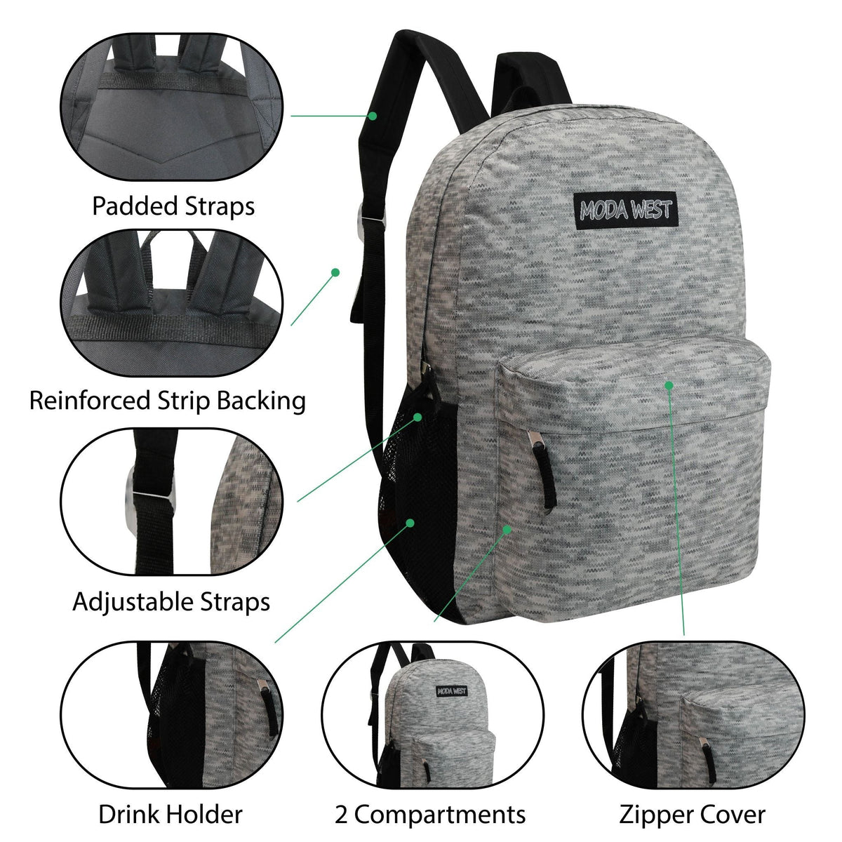 17" Patterned Wholesale Backpack in 12 Assorted Prints - Bulk Case of 24 Bookbags