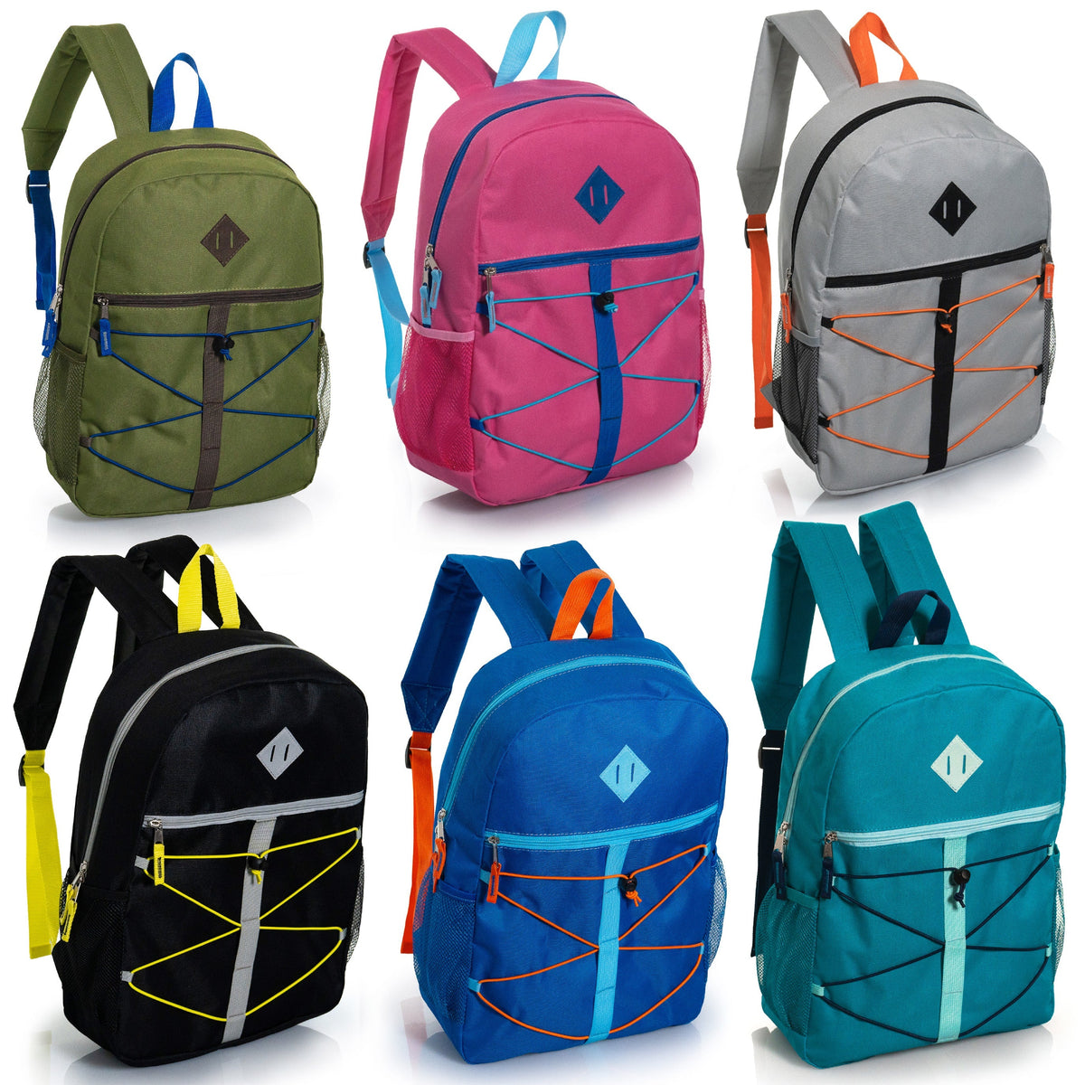 17" Wholesale Backpacks | 2 Different Prints | Dual Mesh Side Pockets - Bulk Case of 24 Bookbags