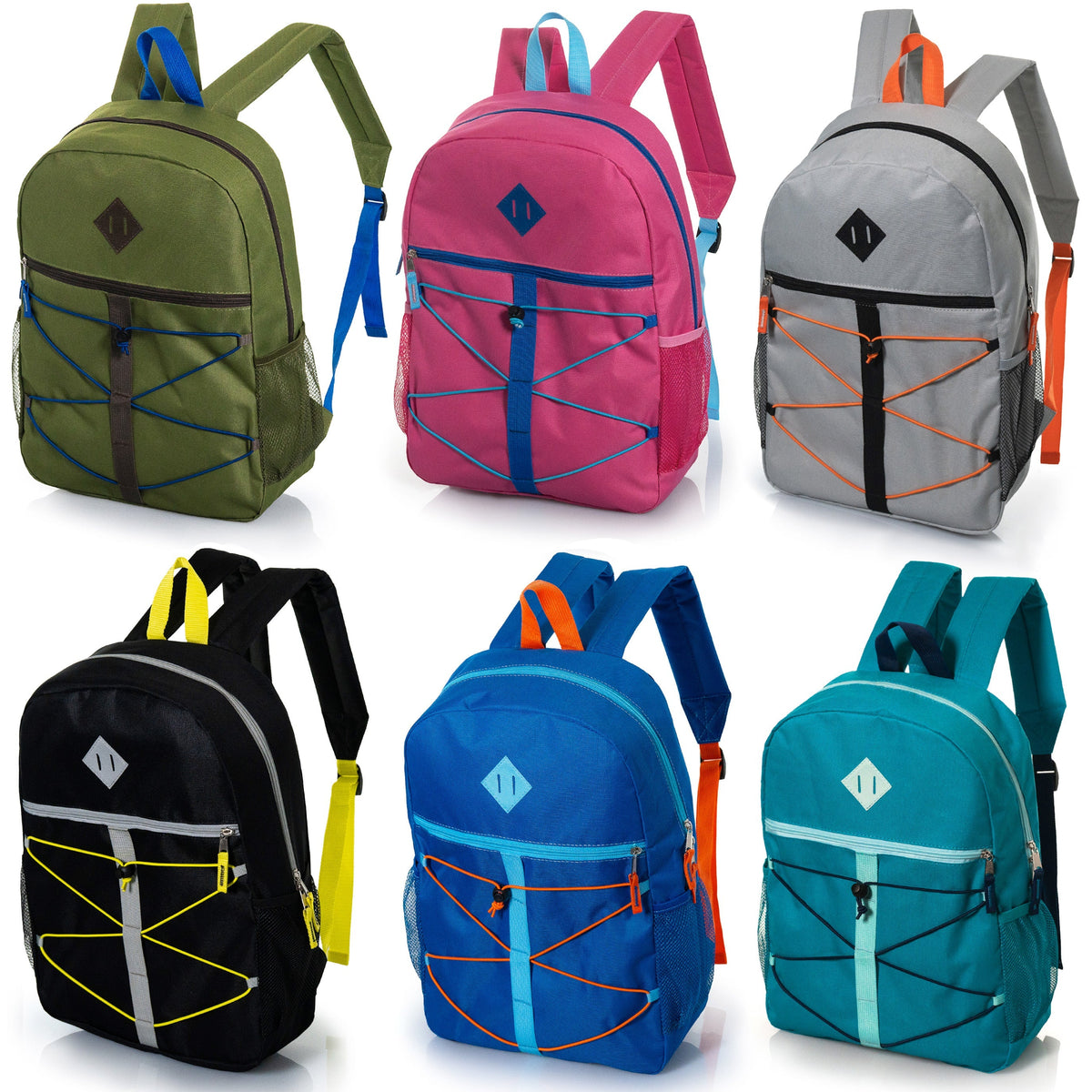 17" Wholesale Bungee Backpacks in 12 Assorted Colors & Prints - Bulk Case of 24 Bookbags