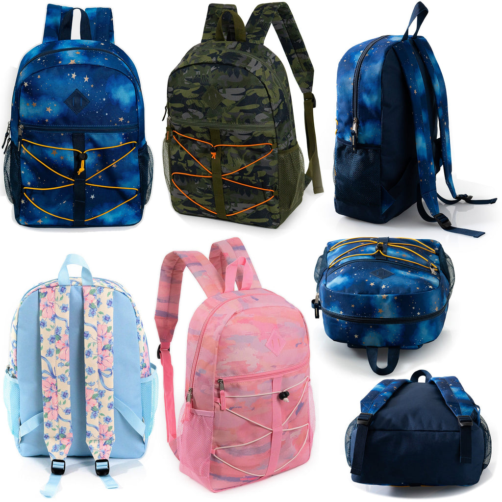 17" Wholesale Bungee Backpacks in 12 Assorted Colors & Prints - Bulk Case of 24 Bookbags