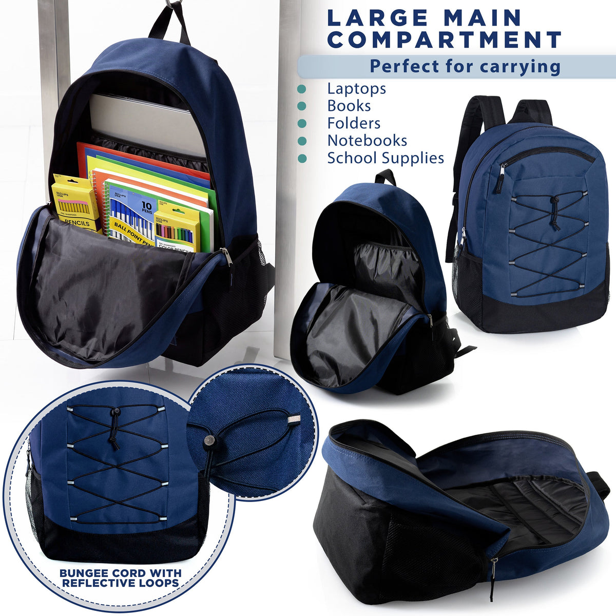 19" Deluxe Wholesale Bungee Backpacks in 6 Colors | Dual Mesh Side Pockets - Bulk Case of 24 Bookbags