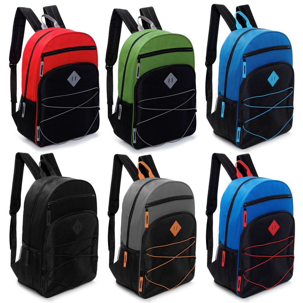 17" Wholesale Bungee Backpacks in 6 Colors with Side Pockets - Bulk Case of 24 Bookbags