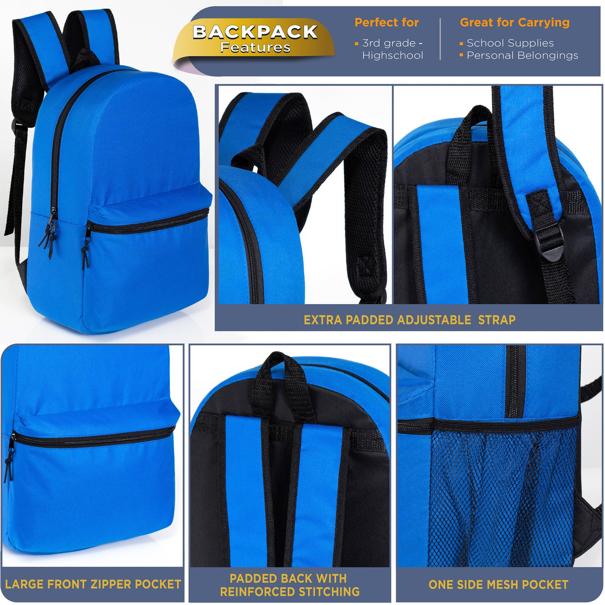 17" Kids Basic Wholesale Backpack in 12 Colors | Side Pocket - Bulk Case of 24 Bookbags