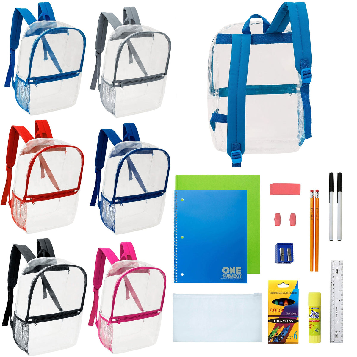 12 Clear 17" Wholesale Backpacks in Assorted Colors & 12 Bulk School Supply Kits of Your Choice
