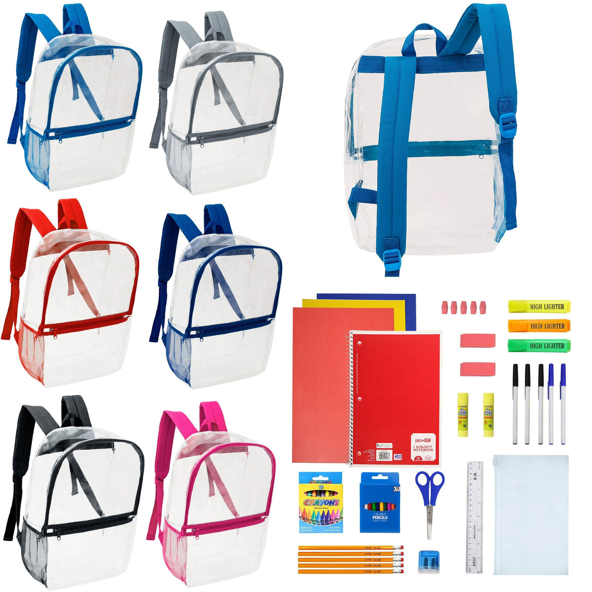 12 Clear 17" Wholesale Backpacks in Assorted Colors & 12 Bulk School Supply Kits of Your Choice