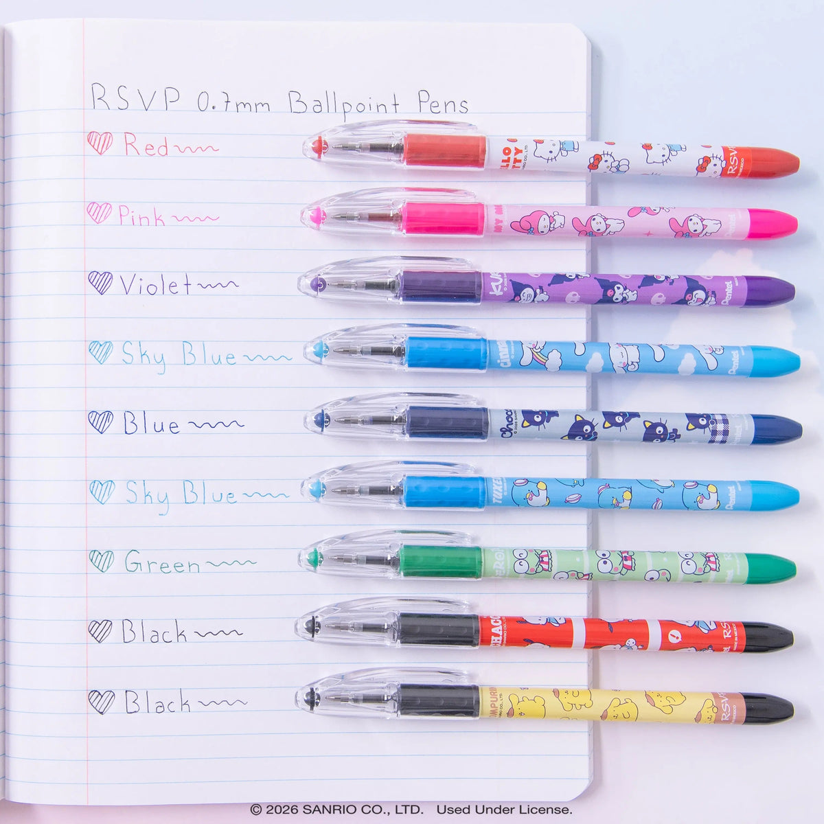 Pentel RSVP Ballpoint Pen, Hello Kitty® and Friends, Limited Edition, Mix 2, 0.7mm Fine Line, Assorted Ink, 5-Pk