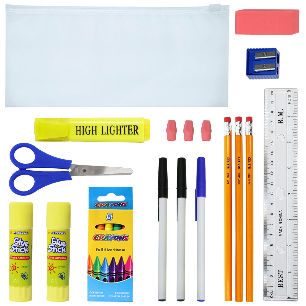 12 Wholesale 17" Bungee Backpack in 12 Colors & 12 Bulk School Supply Kits of Your Choice