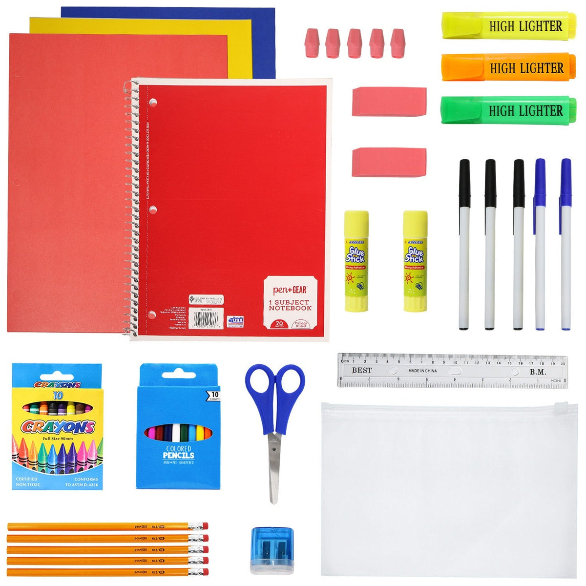 12 Wholesale 17" Bungee Backpack in 12 Colors & 12 Bulk School Supply Kits of Your Choice