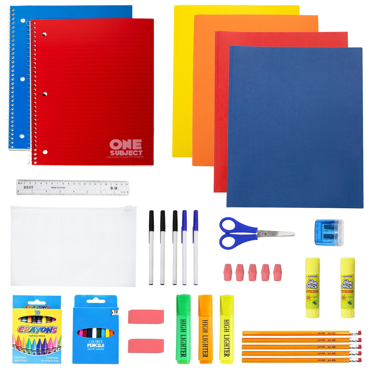 12 Wholesale 17" Backpacks in 12 Assorted Colors and Prints & 12 Bulk School Supply Kits of Your Choice